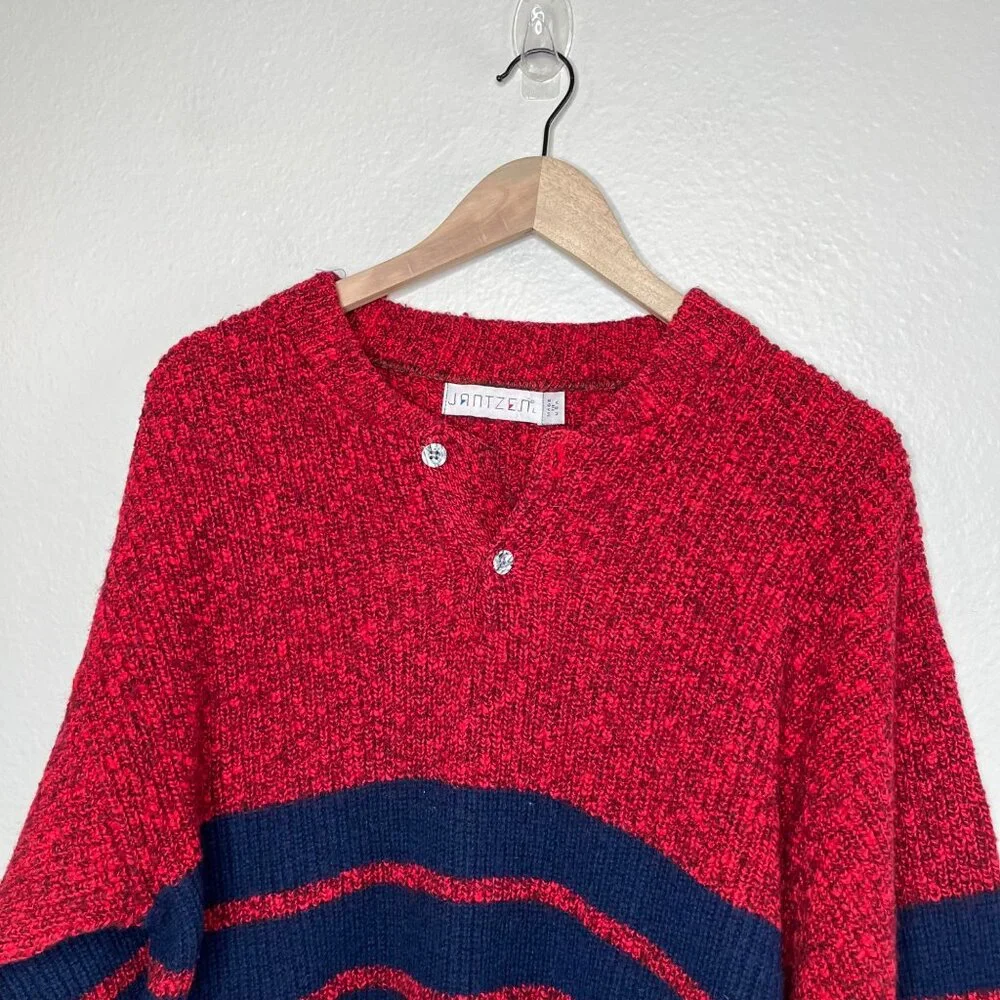 Vintage Jantzen Red Navy Striped Mens Knit Sweater Size Large